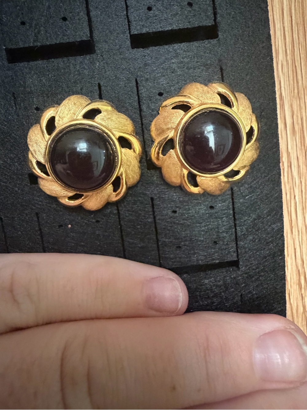 Gold Floral Clip-On Earrings with Dark Brown Cabochons